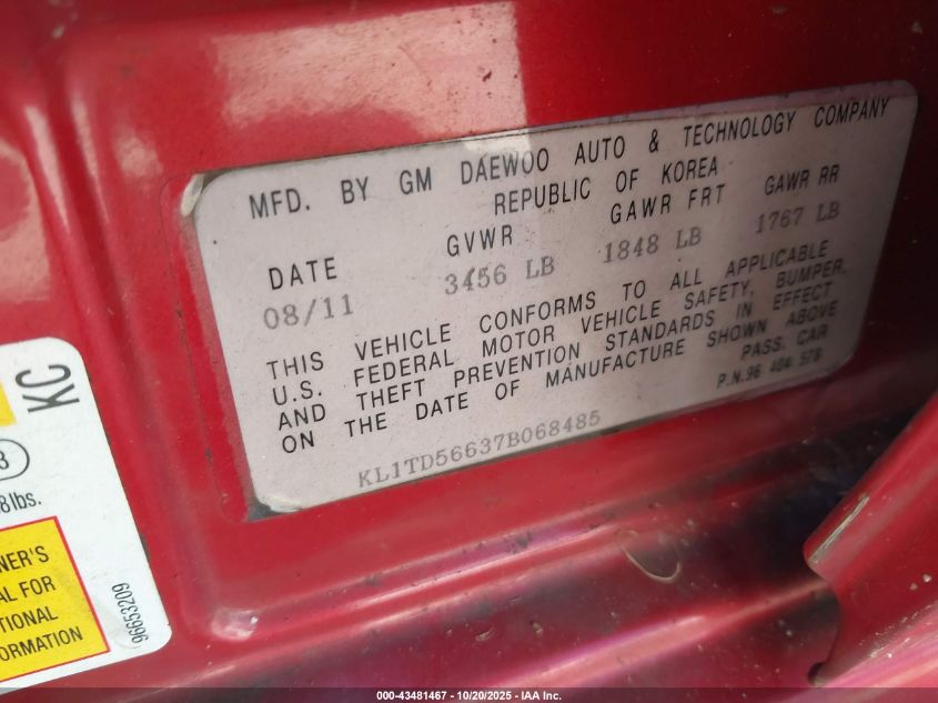 2007 Chevrolet Aveo Ls VIN: KL1TD56637B068485 Lot: 43481467
