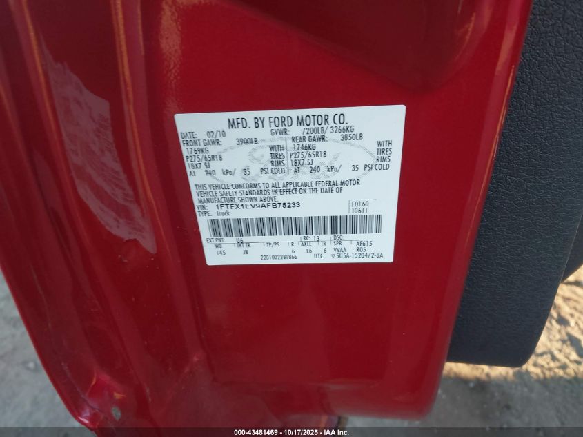 2010 Ford F-150 Fx4/Lariat/Xl/Xlt VIN: 1FTFX1EV9AFB75233 Lot: 43481469