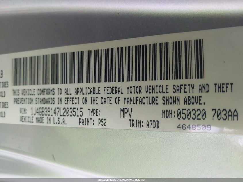 2007 Jeep Wrangler Unlimited X VIN: 1J4GB39147L203515 Lot: 43481495