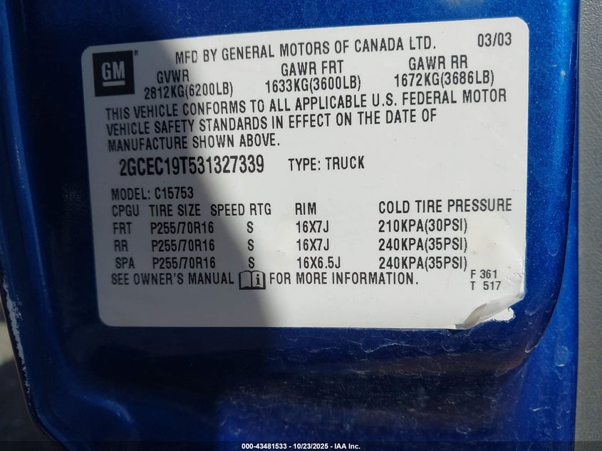 2GCEC19T531327339 2003 CHEVROLET SILVERADO photo no. 9