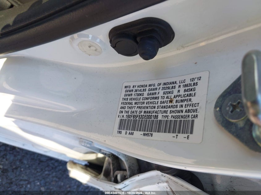 2013 HONDA CIVIC NATURAL GAS 19XFB5F53DE000186