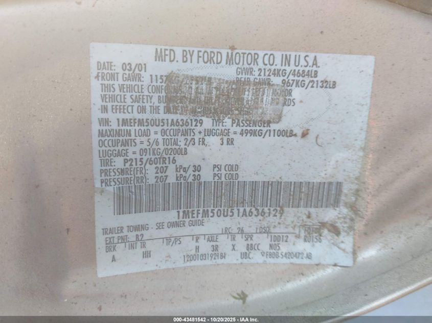 2001 Mercury Sable Gs VIN: 1MEFM50U51A636129 Lot: 43481542