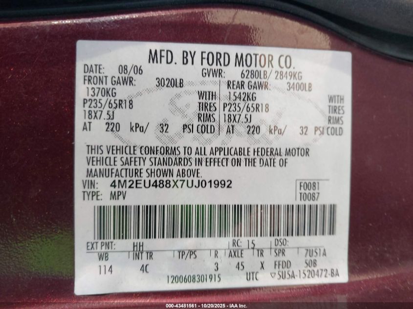 2007 Mercury Mountaineer Premier VIN: 4M2EU488X7UJ01992 Lot: 43481561