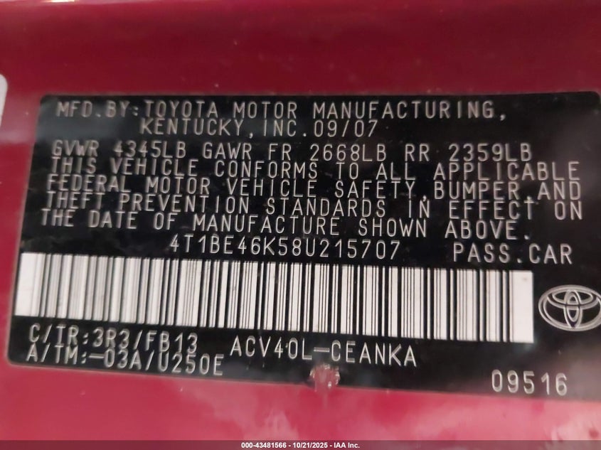 4T1BE46K58U215707 2008 TOYOTA CAMRY photo no. 9