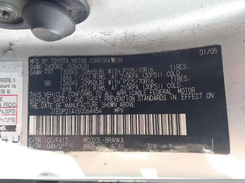 2005 Toyota Highlander V6 VIN: JTEDP21A150064454 Lot: 43946987