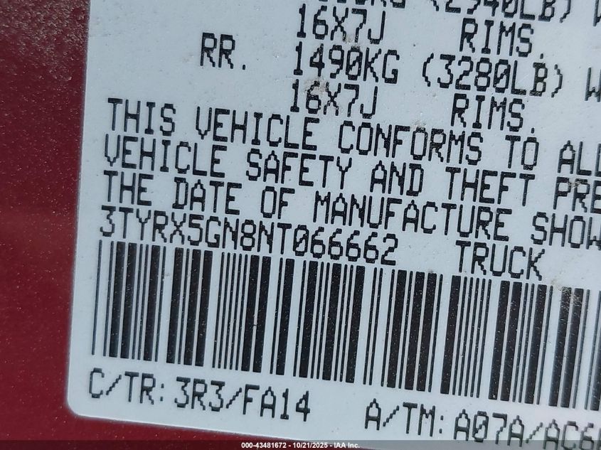 2022 Toyota Tacoma Sr VIN: 3TYRX5GN8NT066662 Lot: 43481672