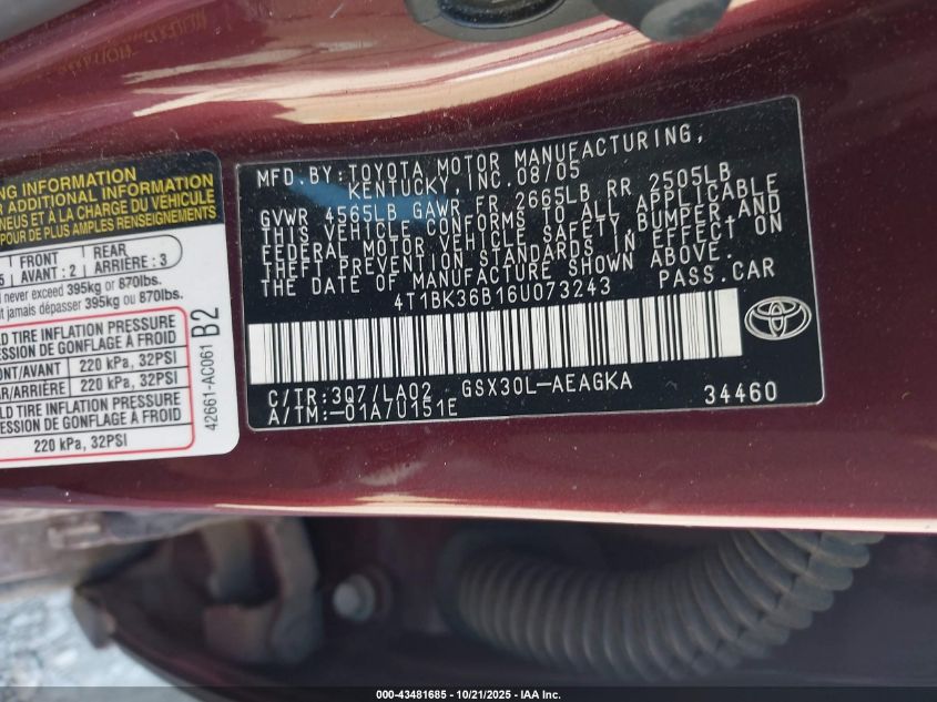 2006 Toyota Avalon Xls VIN: 4T1BK36B16U073243 Lot: 43481685