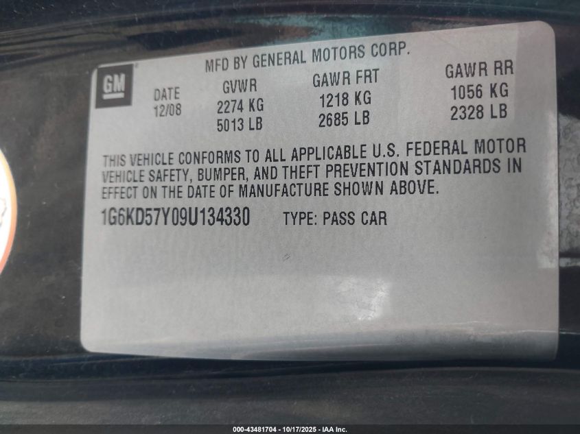 2009 Cadillac Dts 1Sc VIN: 1G6KD57Y09U134330 Lot: 43481704