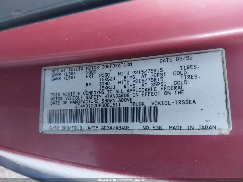 1993 Toyota T100 Sr5 VIN: JT4VD10C0P0001511 Lot: 43481716