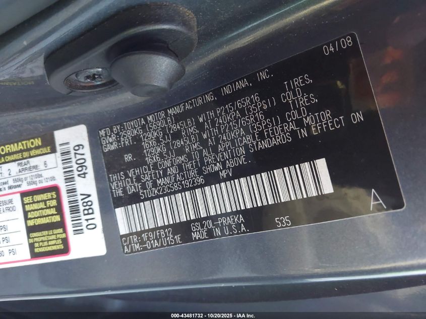 2008 Toyota Sienna Ce VIN: 5TDZK23C58S192396 Lot: 43481732