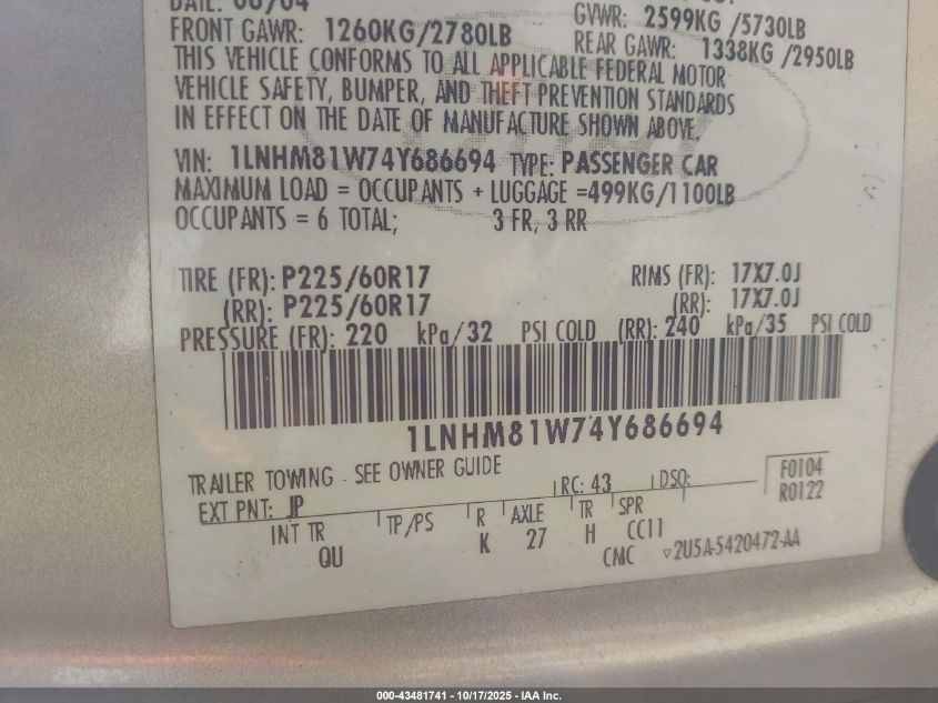 2004 Lincoln Town Car Signature VIN: 1LNHM81W74Y686694 Lot: 43481741