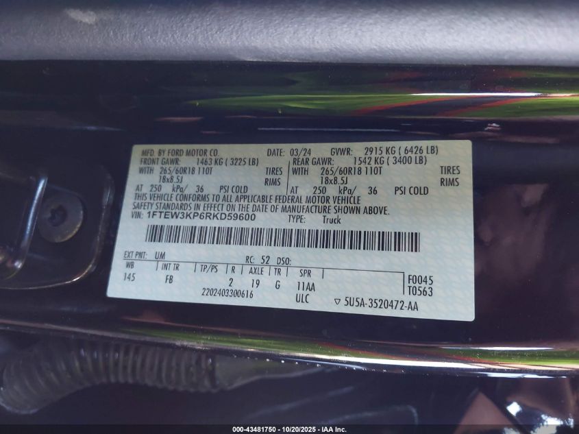 2024 Ford F-150 Xlt VIN: 1FTEW3KP6RKD59600 Lot: 43481750