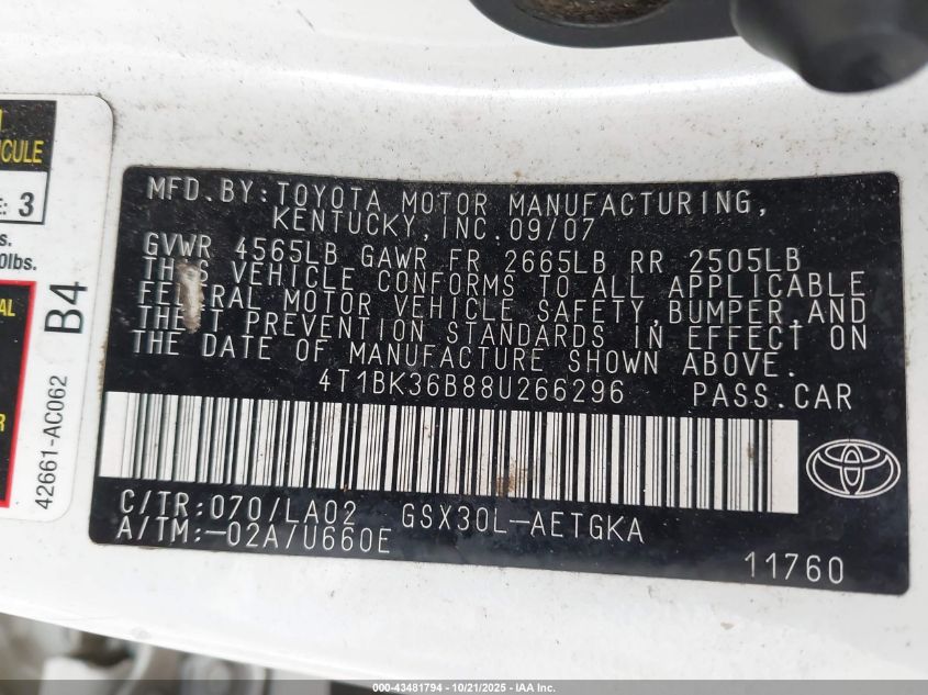 2008 Toyota Avalon Xls VIN: 4T1BK36B88U266296 Lot: 43481794