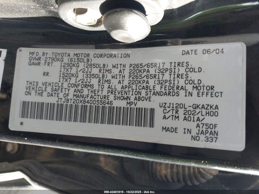 2004 Lexus Gx 470 VIN: JTJBT20X840055646 Lot: 43481819