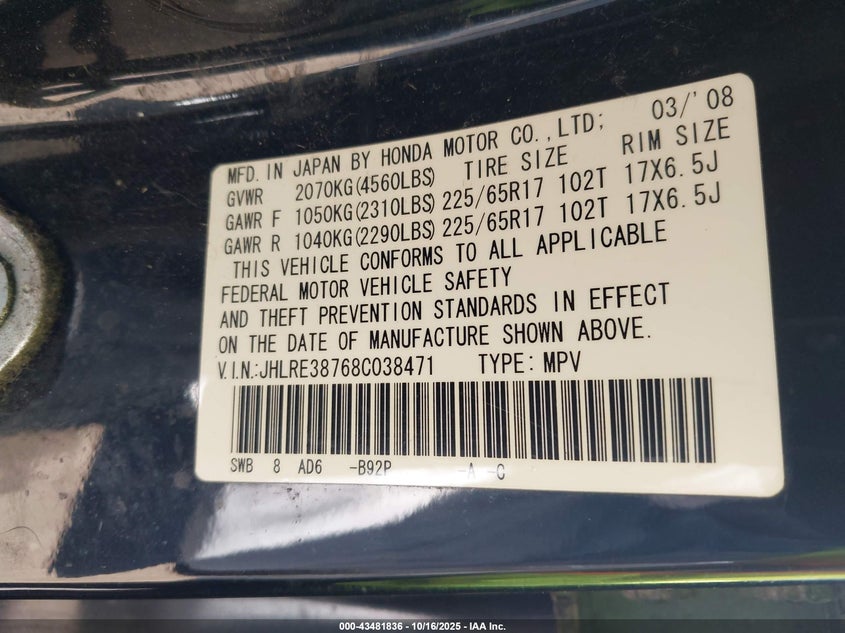 JHLRE38768C038471 2008 HONDA CR-V photo no. 9