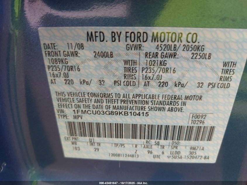 2009 Ford Escape Xlt VIN: 1FMCU03G89KB10415 Lot: 43481847