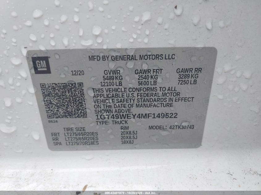 2021 GMC Sierra 3500Hd 4Wd Standard Bed Denali VIN: 1GT49WEY4MF149622 Lot: 43481879