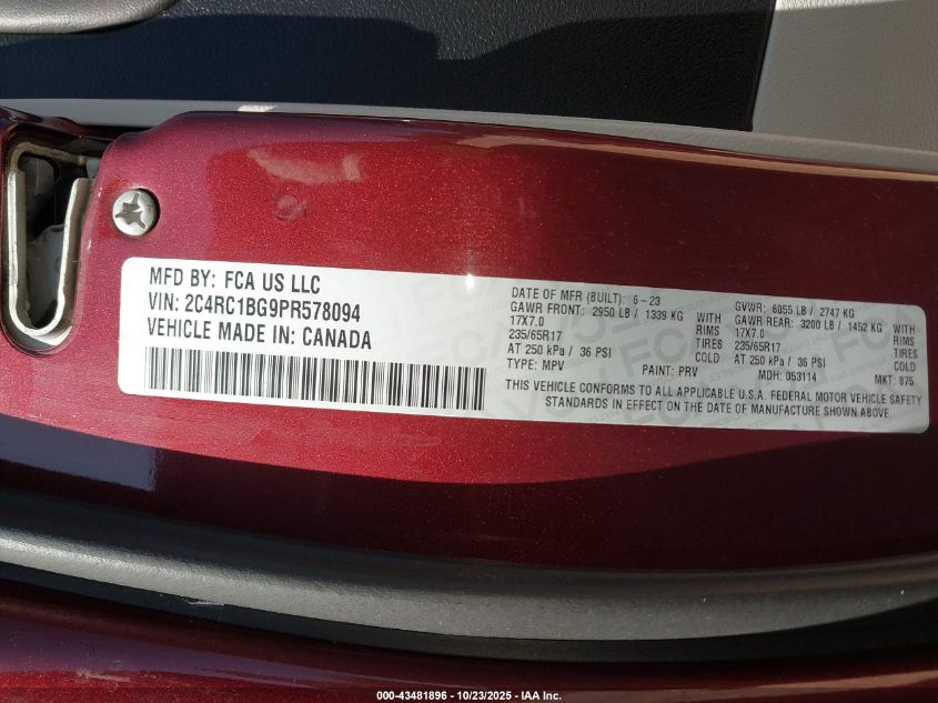 2023 Chrysler Pacifica Touring L VIN: 2C4RC1BG9PR578094 Lot: 43481896