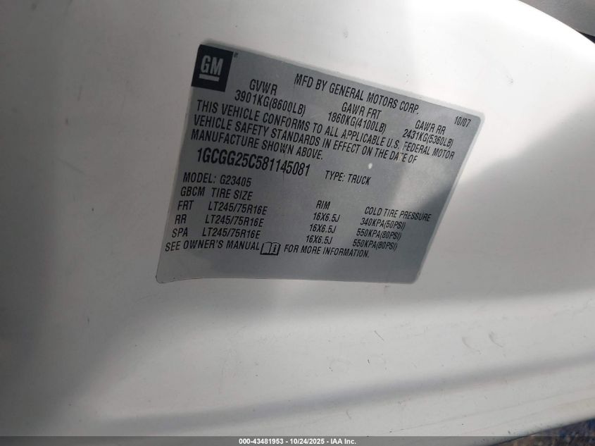 2008 Chevrolet Express Work Van VIN: 1GCGG25C581145081 Lot: 43481953