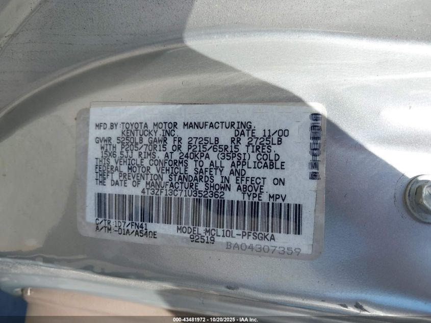 2001 Toyota Sienna Le VIN: 4T3ZF13C71U352362 Lot: 43481972