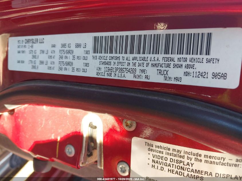 2009 Dodge Ram 1500 Slt/Sport/Trx VIN: 1D3HB13P39S754269 Lot: 43481977