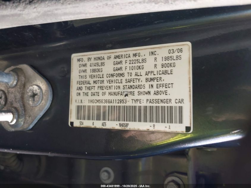2006 Honda Accord 2.4 Se VIN: 1HGCM56366A112953 Lot: 43481999