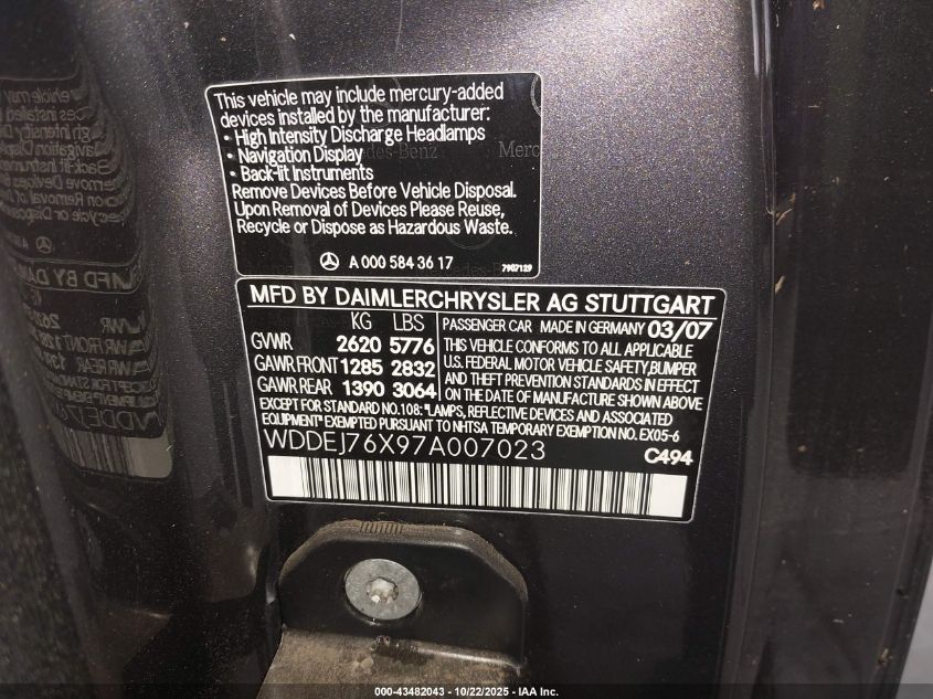 2007 Mercedes-Benz Cl 600 VIN: WDDEJ76X97A007023 Lot: 43482043