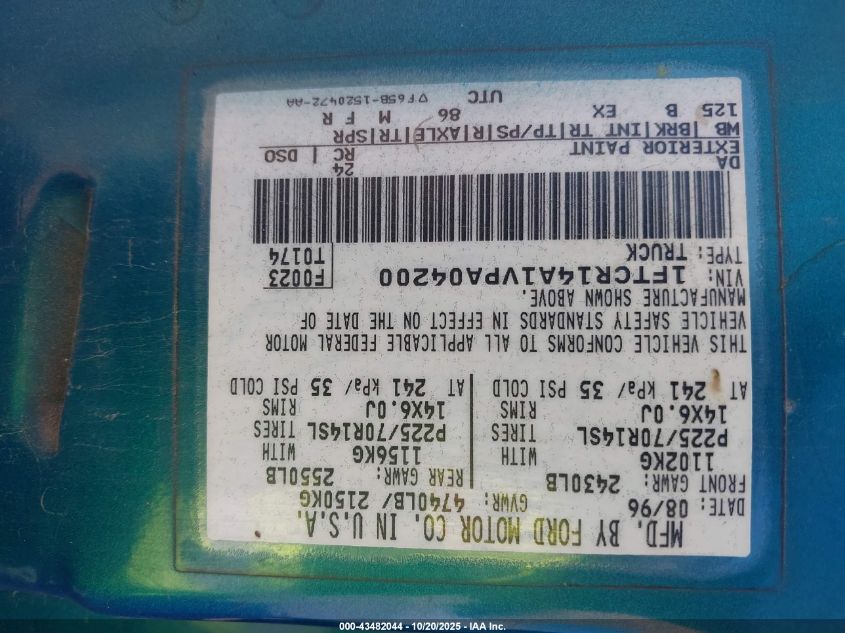 1997 Ford Ranger Xl/Xlt VIN: 1FTCR14A1VPA04200 Lot: 43482044