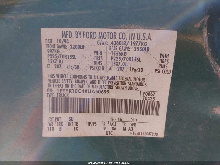 1999 Ford Ranger Xl/Xlt VIN: 1FTYR10C4XUA50699 Lot: 43482069
