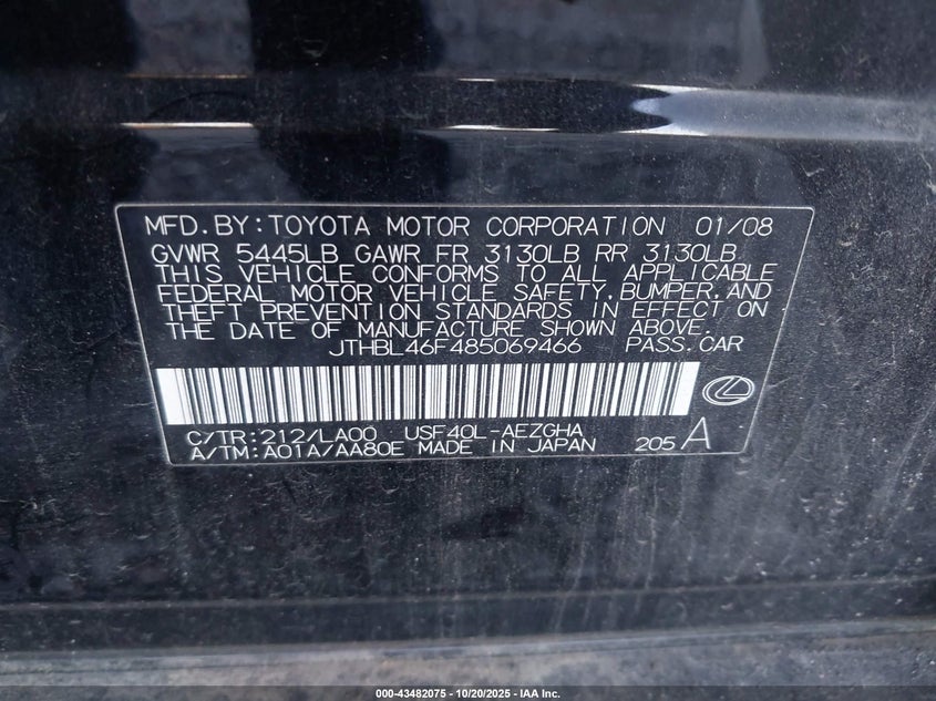 JTHBL46F485069466 2008 LEXUS LS photo no. 9