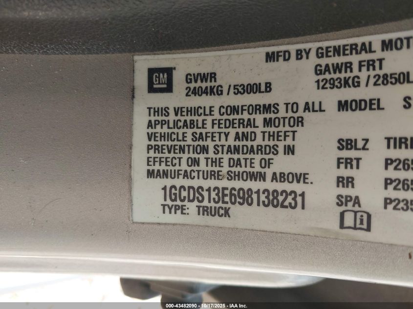 2009 Chevrolet Colorado Lt VIN: 1GCDS13E698138231 Lot: 43482090