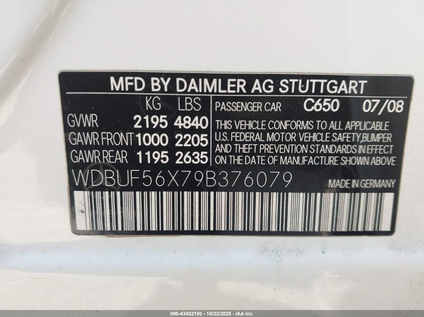 2009 Mercedes-Benz E 350 VIN: WDBUF56X79B376079 Lot: 43482100