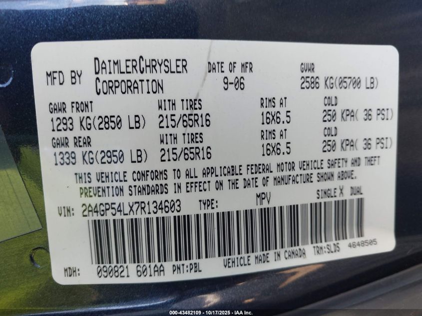 2007 Chrysler Town & Country Touring VIN: 2A4GP54LX7R134603 Lot: 43482109