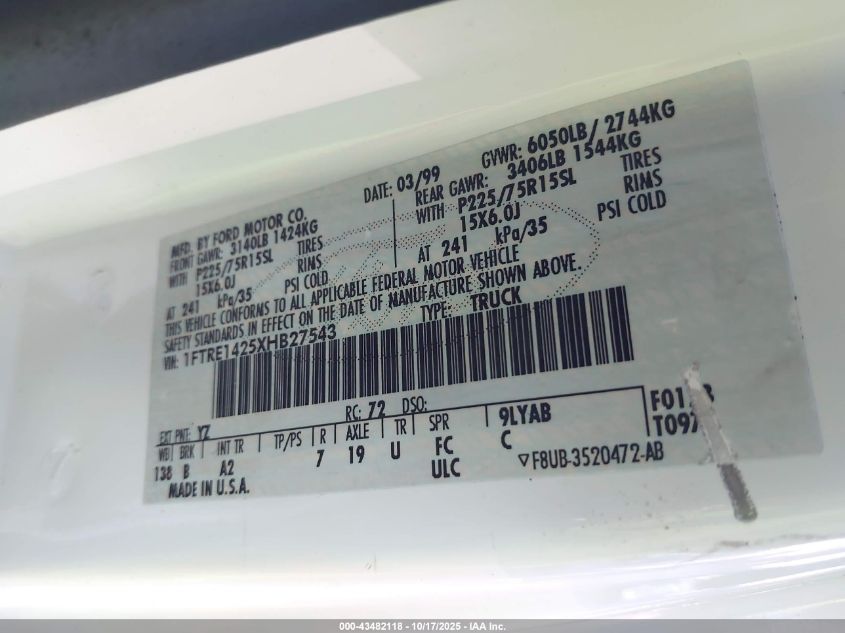 1999 Ford E-150 Commercial/Recreational VIN: 1FTRE1425XHB27543 Lot: 43482118