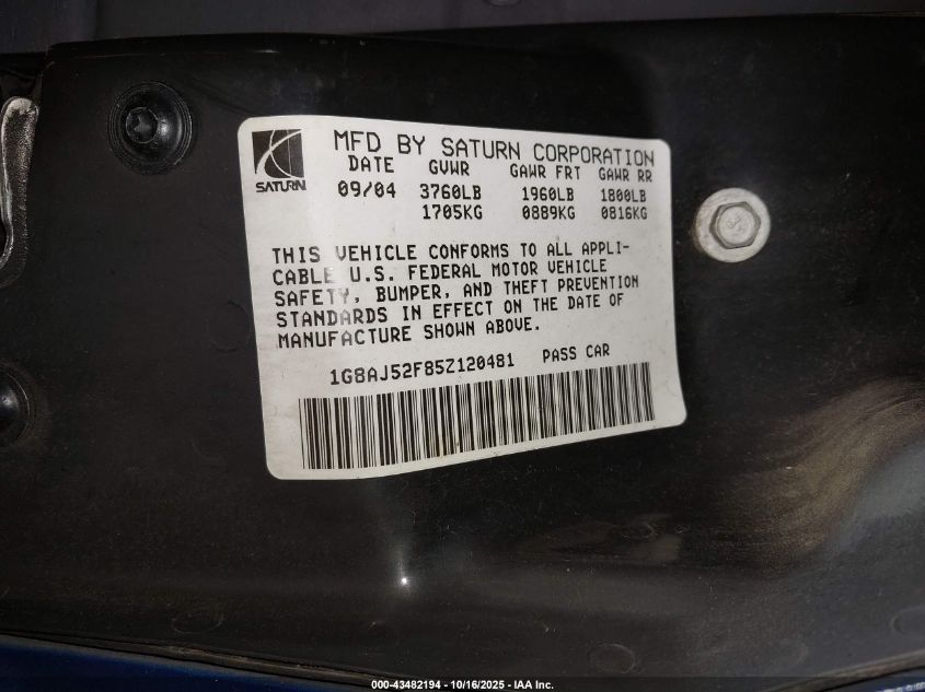 2005 Saturn Ion 2 VIN: 1G8AJ52F85Z120481 Lot: 43482194