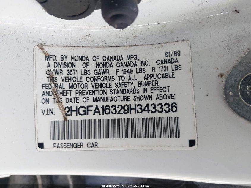 2009 Honda Civic Vp VIN: 2HGFA16329H343336 Lot: 43482222