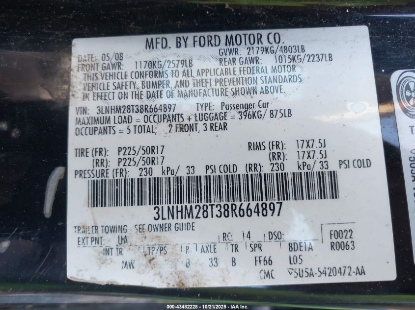 2008 Lincoln Mkz VIN: 3LNHM28T38R664897 Lot: 43482228