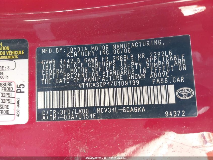 2007 Toyota Camry Solara Sle V6 VIN: 4T1CA30P17U109199 Lot: 43482233