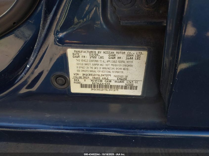 2005 Nissan Sentra 1.8S VIN: 3N1CB51D75L547379 Lot: 43482244