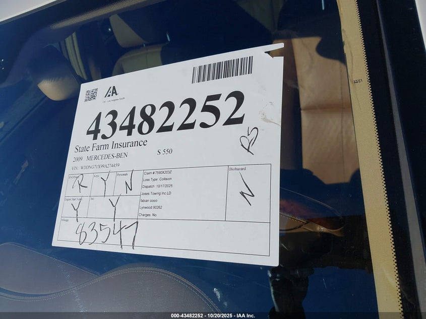 2009 Mercedes-Benz S 550 VIN: WDDNG71X99A274459 Lot: 43482252