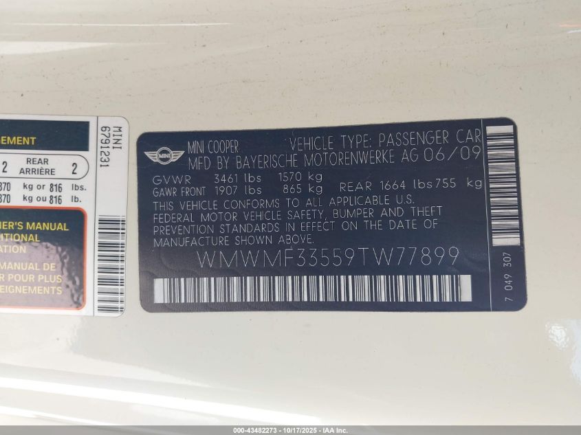 2009 Mini Cooper VIN: WMWMF33559TW77899 Lot: 43482273