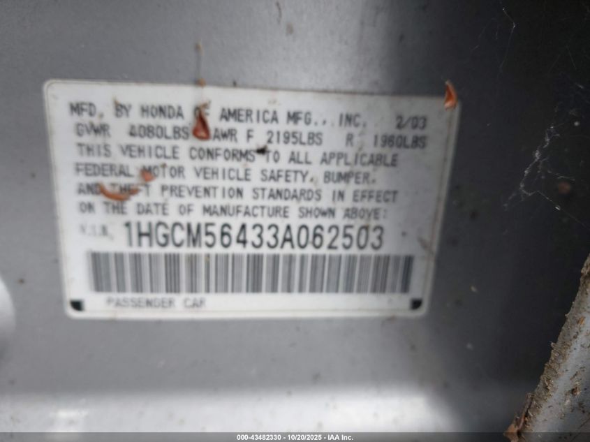 2003 Honda Accord 2.4 Lx VIN: 1HGCM56433A062503 Lot: 43482330