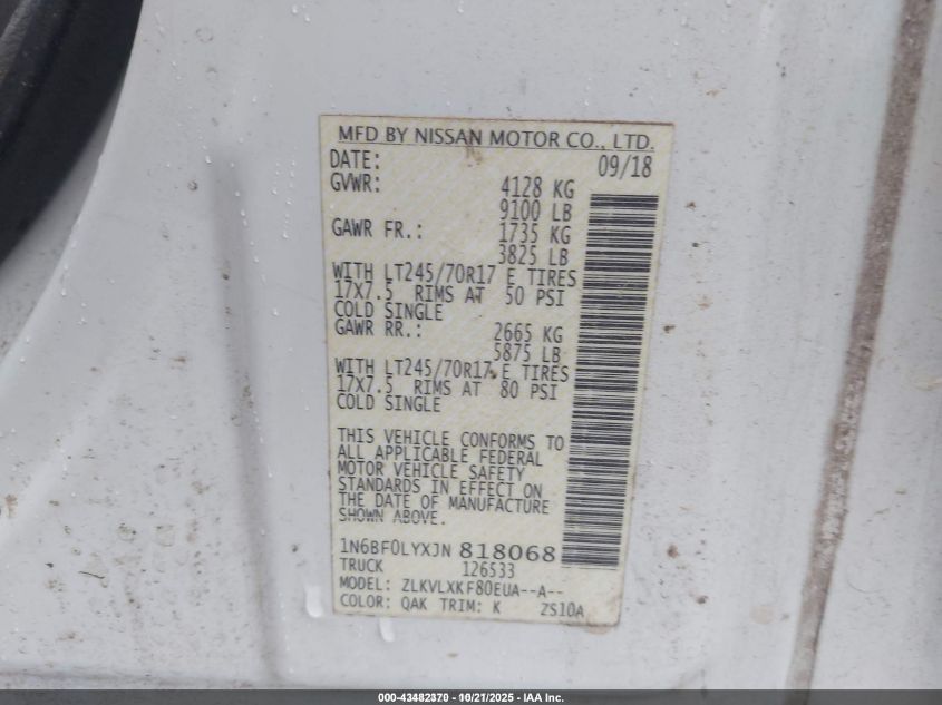 2018 Nissan Nv Cargo Nv2500 Hd Sv V6 VIN: 1N6BF0LYXJN818068 Lot: 43482370