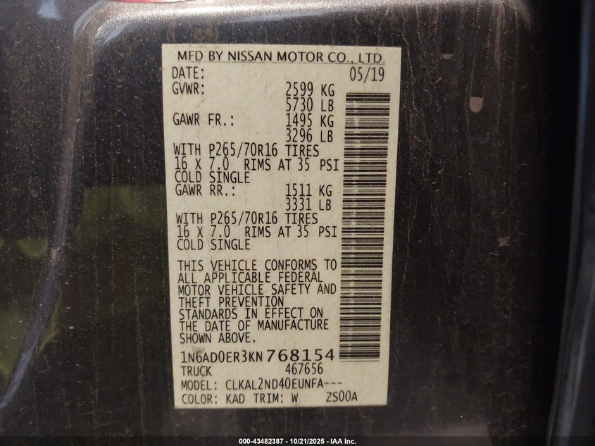 2019 NISSAN FRONTIER SV 1N6AD0ER3KN768154