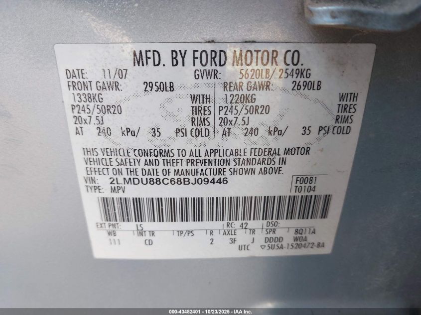 2008 Lincoln Mkx VIN: 2LMDU88C68BJ09446 Lot: 43482401