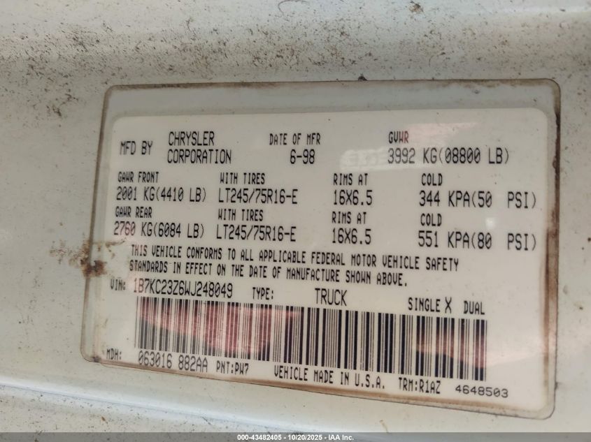 1998 Dodge Ram 2500 St VIN: 1B7KC23Z6WJ248049 Lot: 43482405