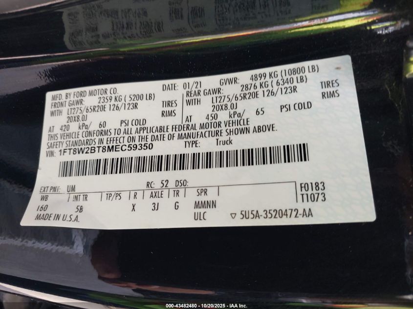 2021 Ford F-250 Lariat VIN: 1FT8W2BT8MEC59350 Lot: 43482480