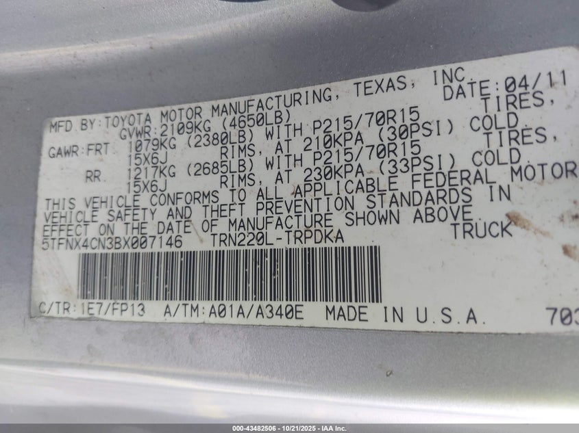 5TFNX4CN3BX007146 2011 TOYOTA TACOMA photo no. 9