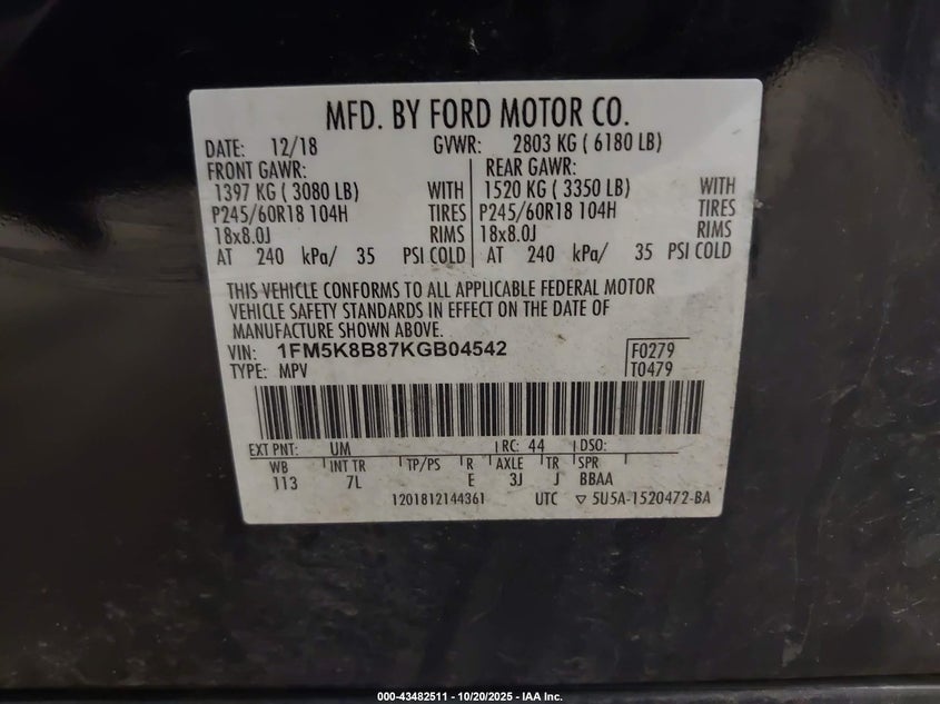 1FM5K8B87KGB04542 2019 FORD EXPLORER photo no. 9