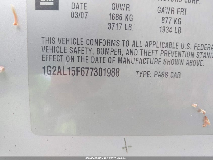2007 Pontiac G5 VIN: 1G2AL15F677301988 Lot: 43482517